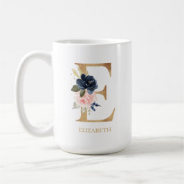 Navy Blush Floral Monogram Letter "E" op maat Koffiemok