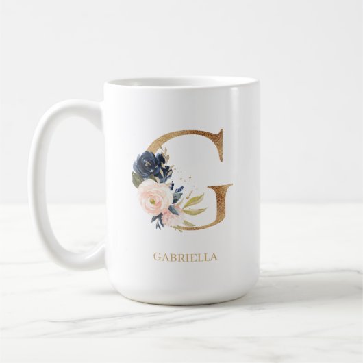 Navy Blush Floral Monogram Letter "G" op maat Koffiemok (Links)
