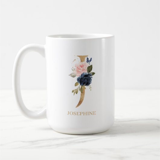 Navy Blush Floral Monogram Letter "J" op maat Koffiemok (Links)