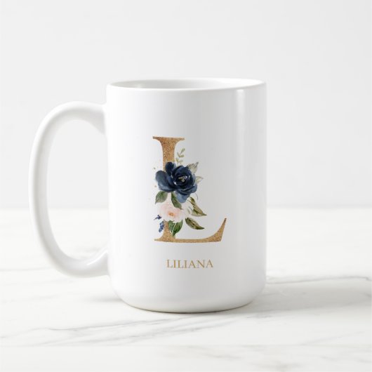 Navy Blush Floral Monogram Letter "L" op maat Koffiemok (Links)