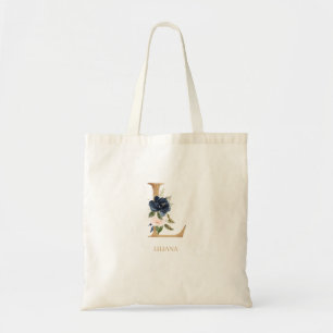 Navy Blush Floral Monogram Letter "L" op maat Tote Bag