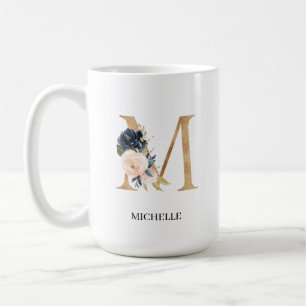 Navy Blush Floral Monogram Letter "M" op maat Koffiemok