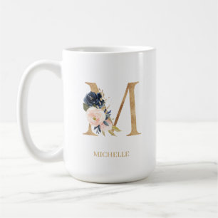 Navy Blush Floral Monogram Letter "M" op maat Koffiemok