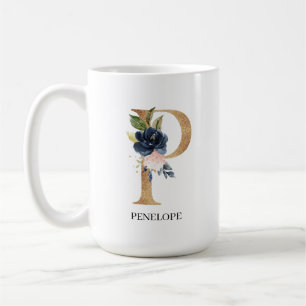 Navy Blush Floral Monogram Letter "P" op maat Koffiemok