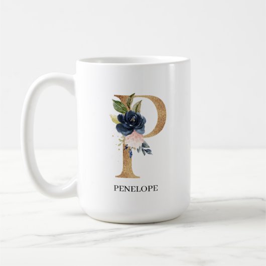 Navy Blush Floral Monogram Letter "P" op maat Koffiemok (Links)