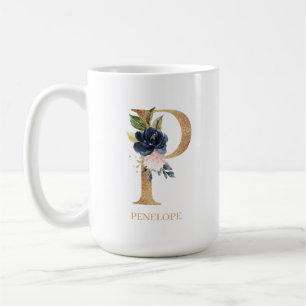 Navy Blush Floral Monogram Letter "P" op maat Koffiemok