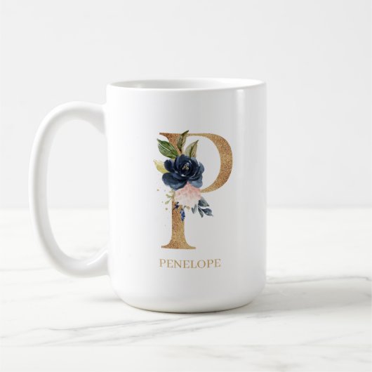 Navy Blush Floral Monogram Letter "P" op maat Koffiemok (Links)