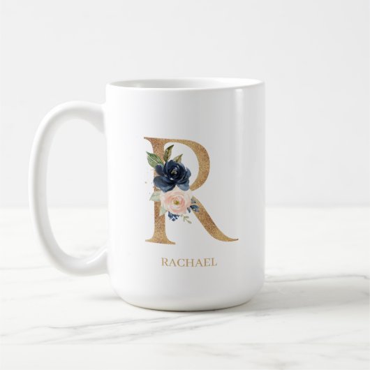 Navy Blush Floral Monogram Letter "R" op maat Koffiemok (Links)