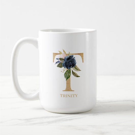 Navy Blush Floral Monogram Letter "T" op maat Koffiemok (Links)