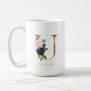 Navy Blush Floral Monogram Letter "U" op maat Koffiemok