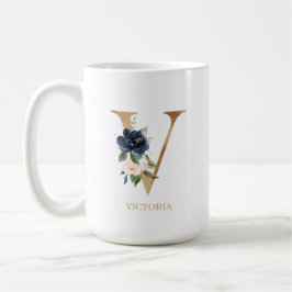 Navy Blush Floral Monogram Letter "V" op maat Koffiemok