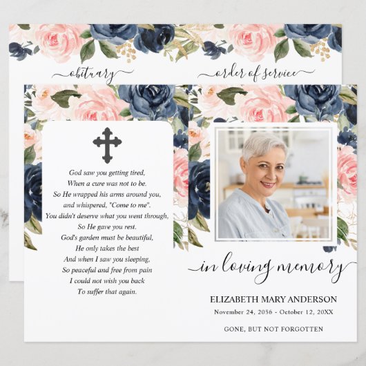 Navy Blush Floral Photo Funeral Full Programme (Voorkant / Achterkant)