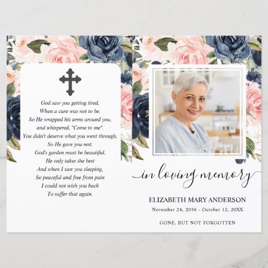 Navy Blush Floral Photo Funeral Full Programme (Voorkant)