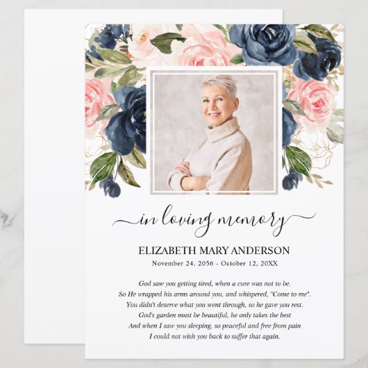 Navy Blush Floral Photo Funeral Prayer (Voorkant / Achterkant)