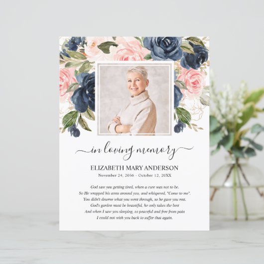 Navy Blush Floral Photo Funeral Prayer (Staand voorkant)