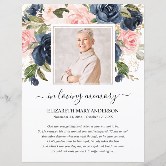 Navy Blush Floral Photo Funeral Prayer (Voorkant)