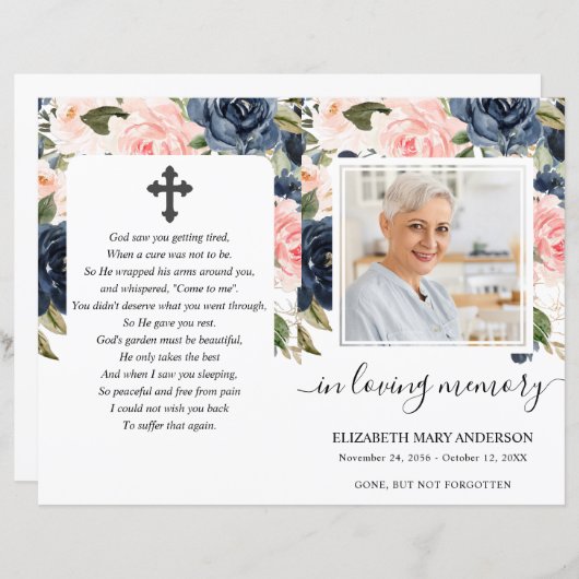 Navy Blush Floral Photo Funeral Programme (Voorkant / Achterkant)