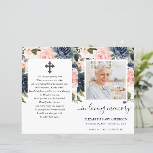 Navy Blush Floral Photo Funeral Programme (Staand voorkant)