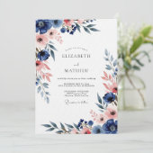 Navy & Blush Floral Romance Wedding Kaart (Staand voorkant)