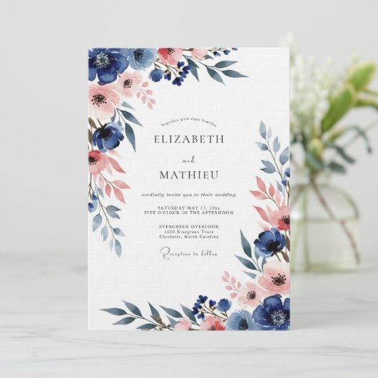 Navy & Blush Floral Romance Wedding Kaart (Staand voorkant)