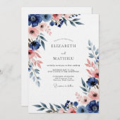 Navy & Blush Floral Romance Wedding Kaart (Voorkant / Achterkant)