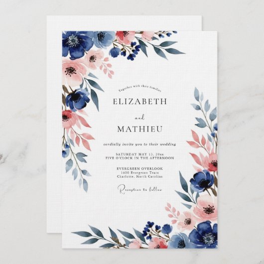 Navy & Blush Floral Romance Wedding Kaart (Voorkant / Achterkant)