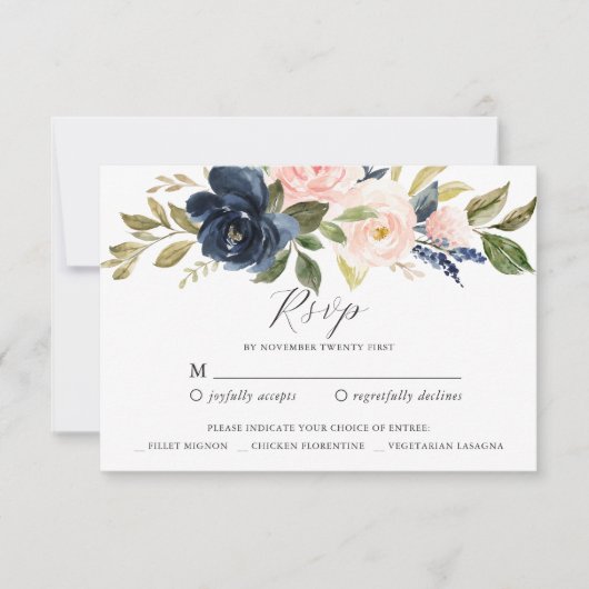Navy Blush Floral RSVP Reply Kaart (Voorkant)