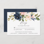 Navy Blush Floral RSVP Reply Kaart (Voorkant / Achterkant)