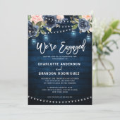 Navy Blush Floral Rustic String Light Verloving I Kaart (Staand voorkant)