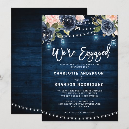 Navy Blush Floral Rustic String Light Verloving I Kaart (Voorkant / Achterkant)