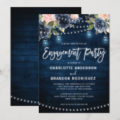 Navy Blush Floral Rustic String Light Verloving Kaart (Voorkant / Achterkant)