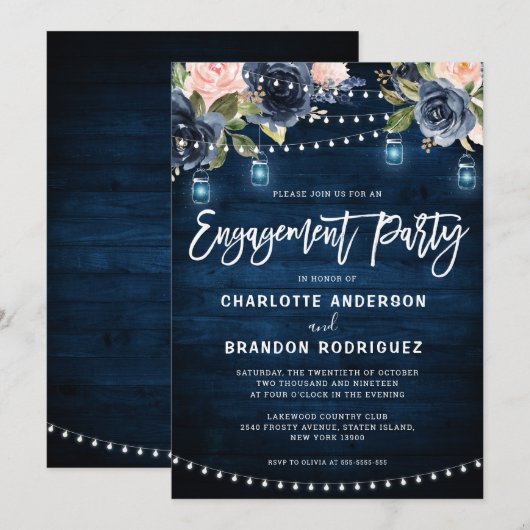 Navy Blush Floral Rustic String Light Verloving Kaart (Voorkant / Achterkant)