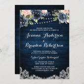 Navy Blush Floral String Light Engagement Party Kaart (Voorkant / Achterkant)