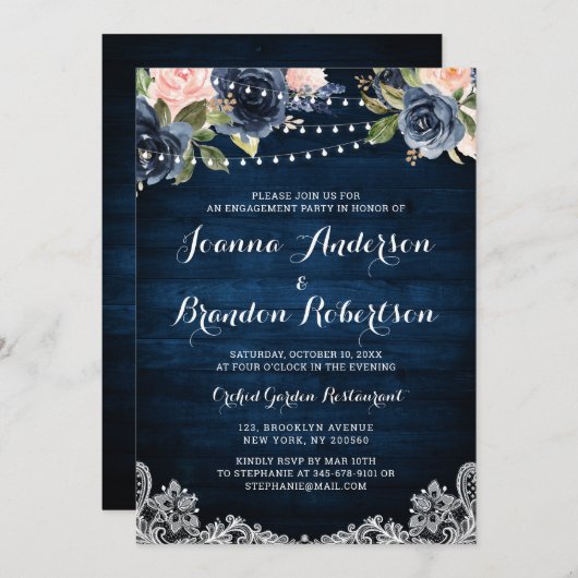 Navy Blush Floral String Light Engagement Party Kaart (Voorkant / Achterkant)