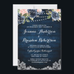 Navy Blush Floral String Light Engagement Party Kaart<br><div class="desc">Waterverf blauw blauw roze roze roze roestvrij landschap met taarlicht en lace verloving call card sjabloon met groene botanische bladeren en eucalyptusbladeren op een houten achtergrond. Dit prachtige, eenvoudig aan te passen design kan gemakkelijk worden afgestemd op uw trouwkleuren, -stijlen en -thema en het is een perfecte keuze voor herfst...</div>