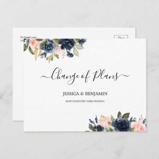 Navy Blush Floral uitgesteld script verandering va Briefkaart (Voorkant / Achterkant)