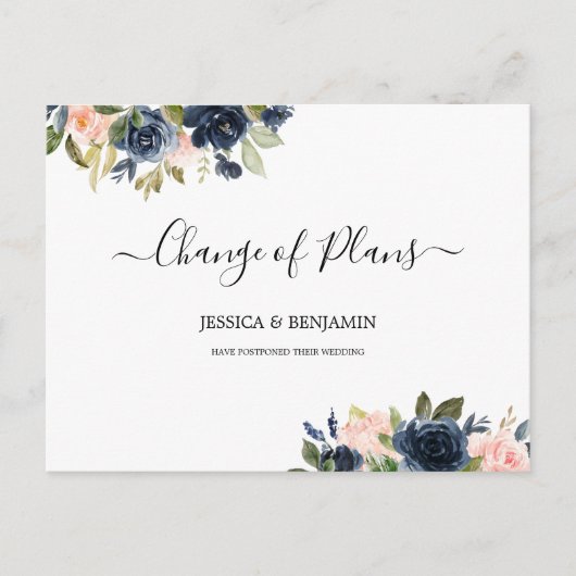 Navy Blush Floral uitgesteld script verandering va Briefkaart (Voorkant)