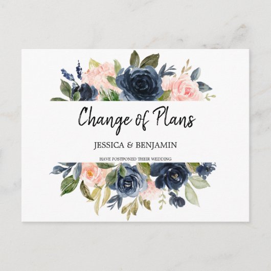 Navy Blush Floral Uitgestelde Verandering Van Plan Briefkaart (Voorkant)