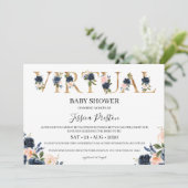 Navy Blush Floral Virtual Baby shower Kaart (Staand voorkant)