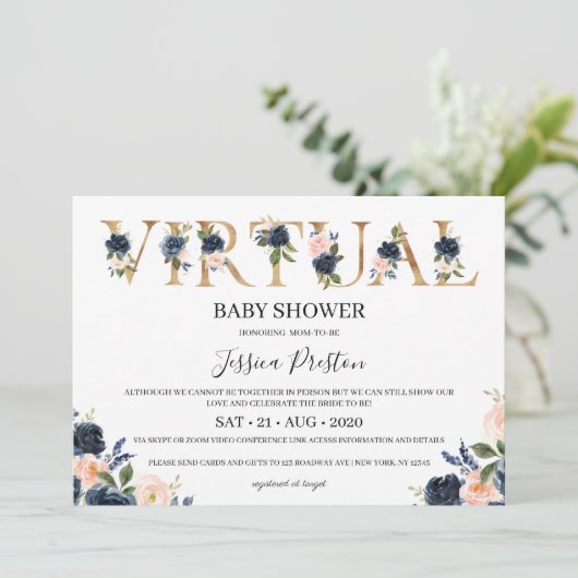 Navy Blush Floral Virtual Baby shower Kaart (Staand voorkant)