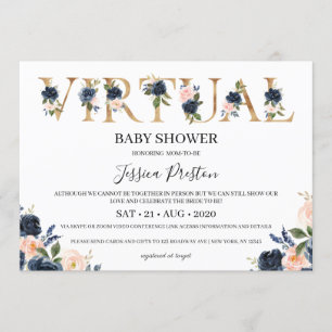 Navy Blush Floral Virtual Baby shower Kaart