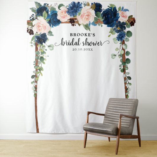 Navy Blush Floral Vrijgezellenfeest Foto achtergro Wandkleed (In situ)