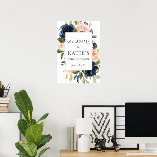Navy & Blush Floral Vrijgezellenfeest Welkom Poste Poster (Thuiskantoor)