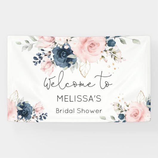 Navy blush floral vrijgezellenfeest welkom spandoek (Horizontaal)