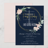 NAVY BLUSH FLORAL WATERVERF FIRST HOLY COMMUNION KAART (Voorkant / Achterkant)