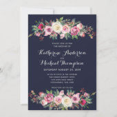 Navy Blush Floral Wedding Invitation Kaart (Voorkant)