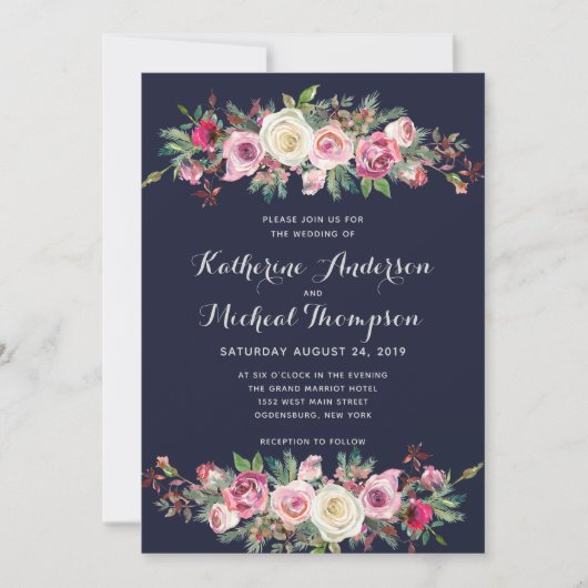 Navy Blush Floral Wedding Invitation Kaart (Voorkant)