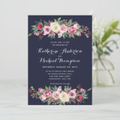 Navy Blush Floral Wedding Invitation Kaart (Staand voorkant)