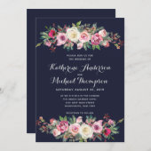 Navy Blush Floral Wedding Invitation Kaart (Voorkant / Achterkant)