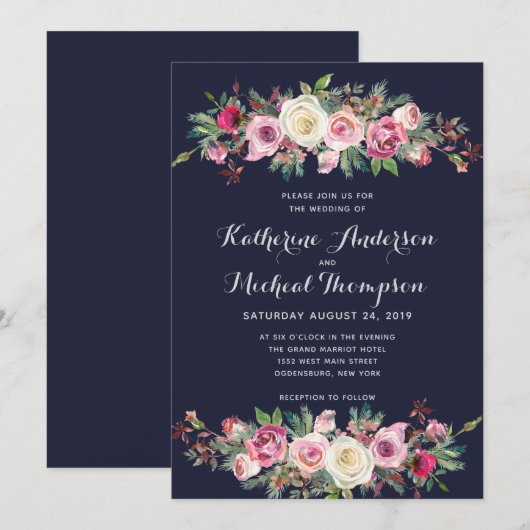 Navy Blush Floral Wedding Invitation Kaart (Voorkant / Achterkant)